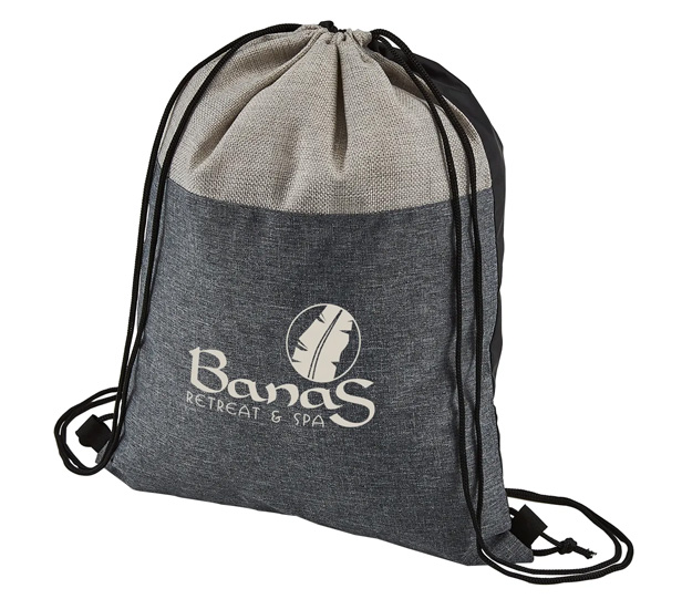 polyester and textured faux jute drawstring backpacks