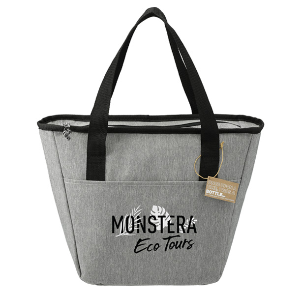 gray soft cooler with black trim and pocket
