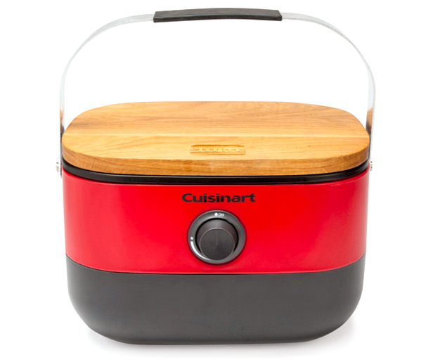 red portable gas grill with handle