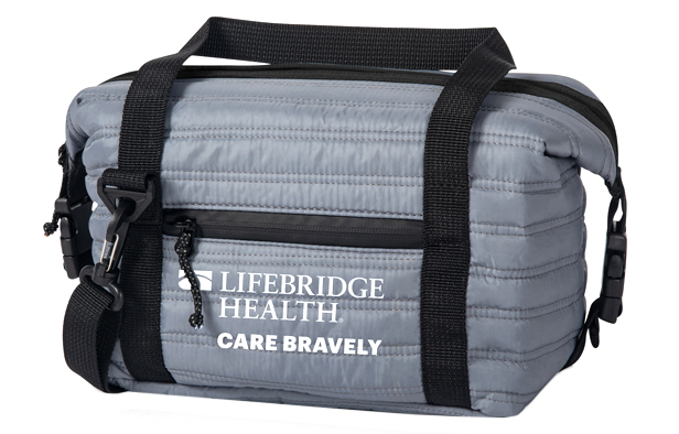 gray quilted lunch bag