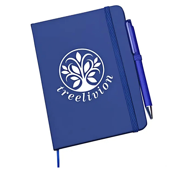 blue notebook with pen