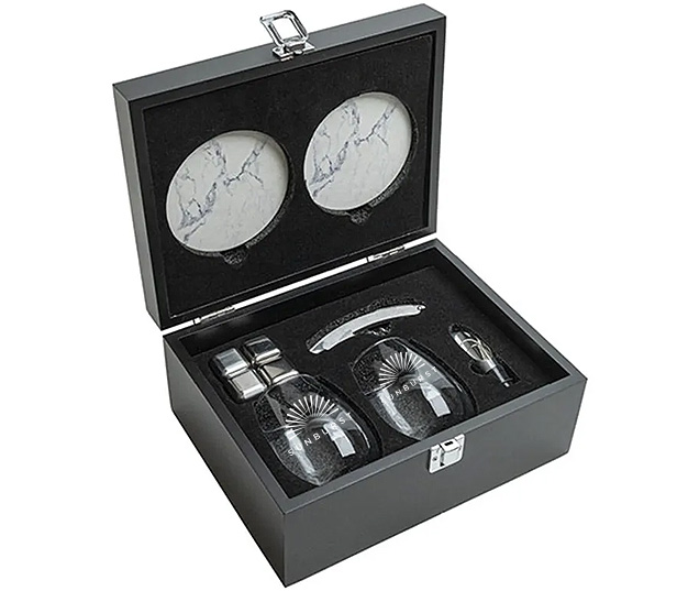glasses, a 3-in-1 corkscrew tool, stainless-steel ice cubes and a pair of coasters