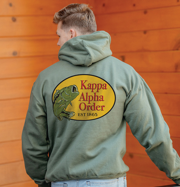 young man showing back decoration of hoodie