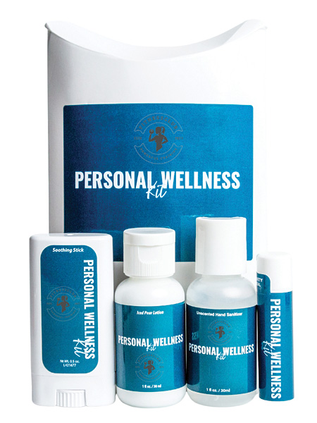 soothing stick, lotion, sanitizer and SPF-15 lip balm
